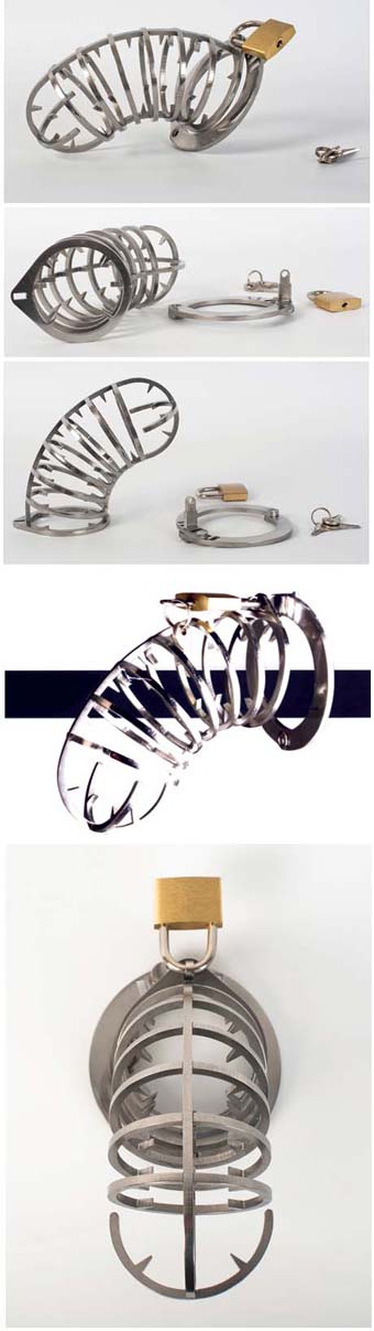 cage de chastet&eacute; avec des pointes &agrave; l'int&eacute;rieur contre le p&eacute;nis