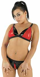 Bikini bicolore avec ouvertures aux tétons sm en vinyl noir et rouge