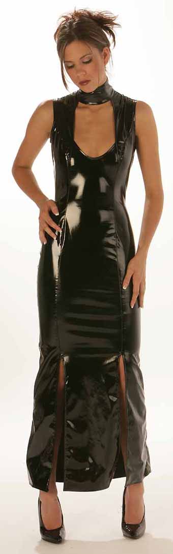 Robe longue fendue de dominatrice en vinyl noir